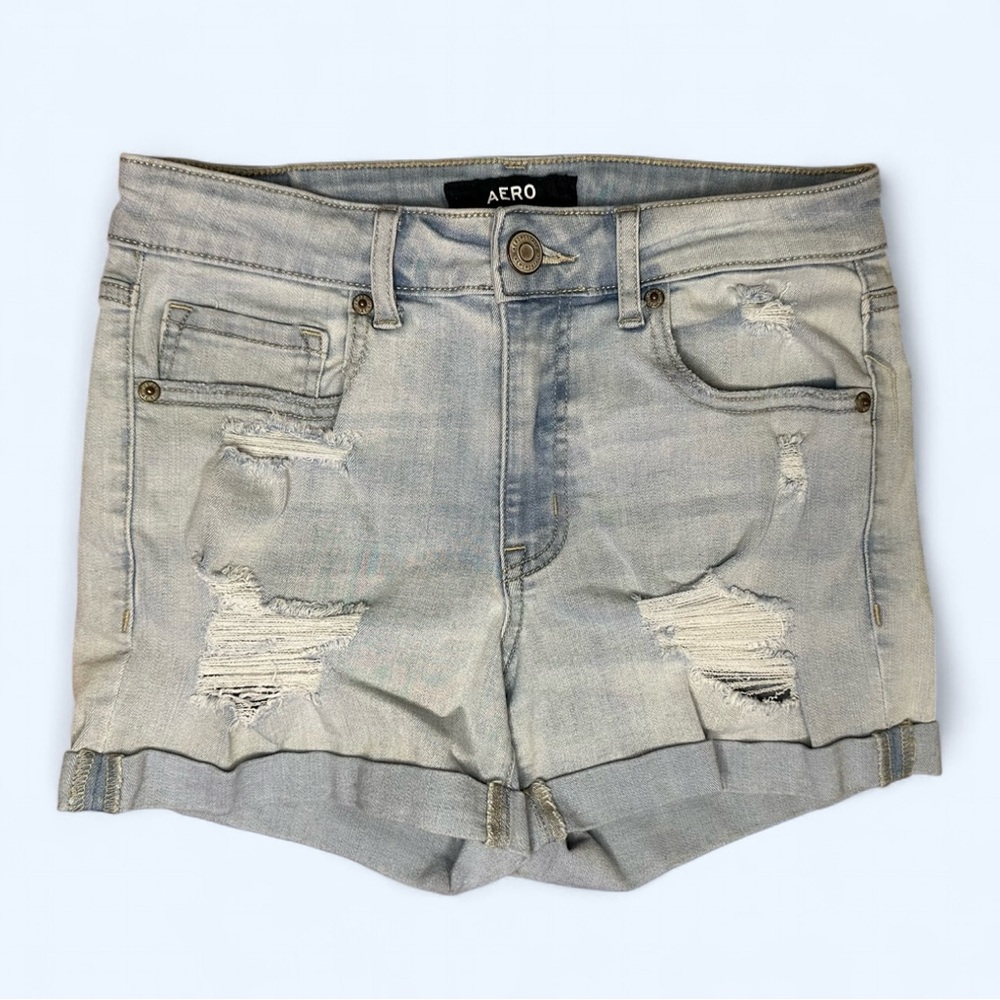 Aero Aeropostale High Rise Midi Distressed Denim Jean Shorts in Blue Size 4